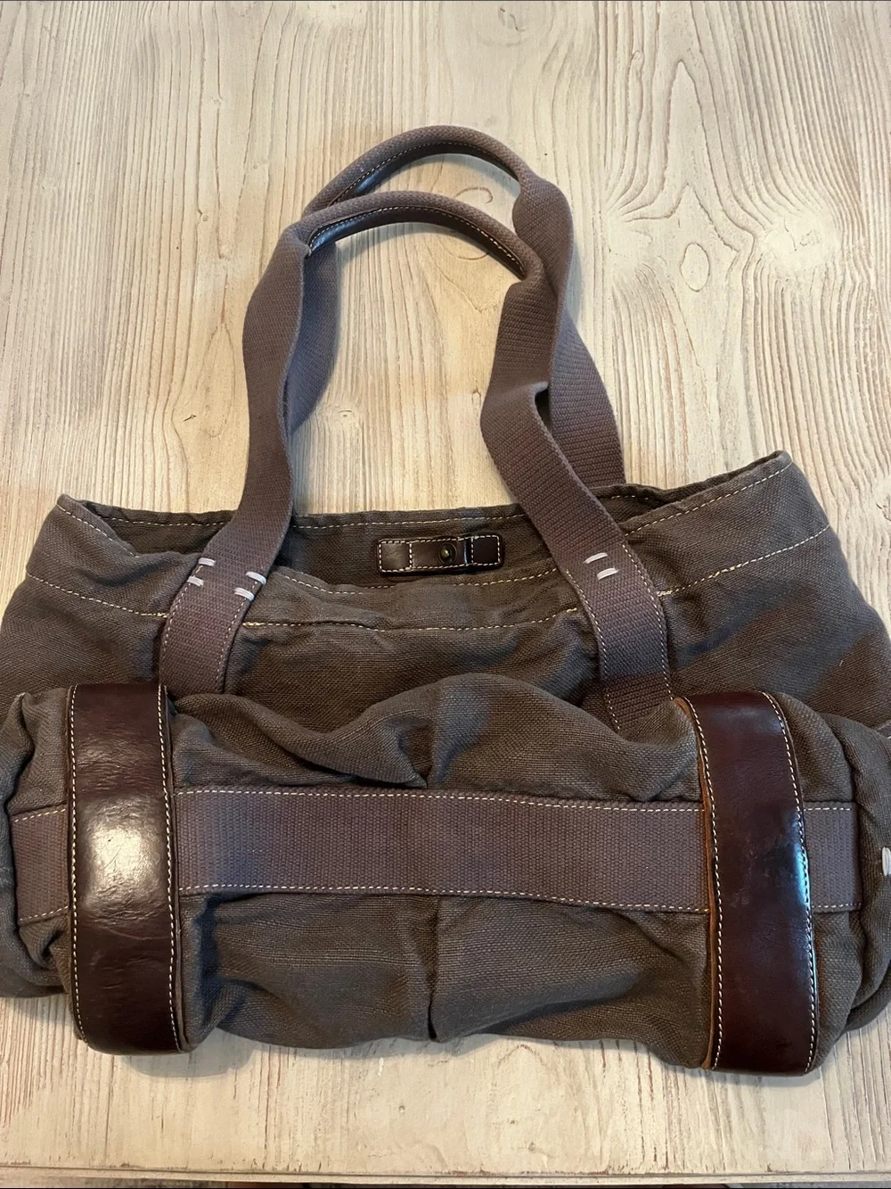 49 square miles chocolate brown Canvas Tote Bag with leather accents